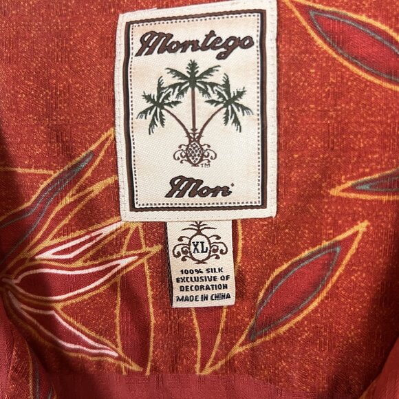 Montego Mon Shirt Mens XL Rust 100% Silk Embroidered Hawaiian Camp Resort Casual - Picture 3 of 9